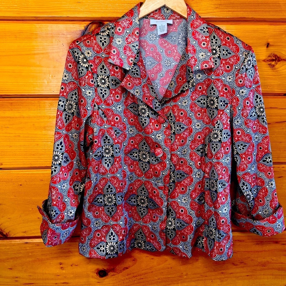Dress Barn Jacket Womens M Size Red Gold Sparkle 3/4 Sleeve Event Party